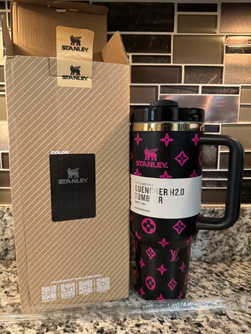 Stanley Black and Pink Quilted-Pattern Quencher H2.0 Travel Tumbler